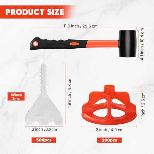 DGSL Tile Leveling System 1/8", 500 Tile Spacers and 200 Red Cap, Hammer - size: 1/8 Inch * 500 Base+200 Caps