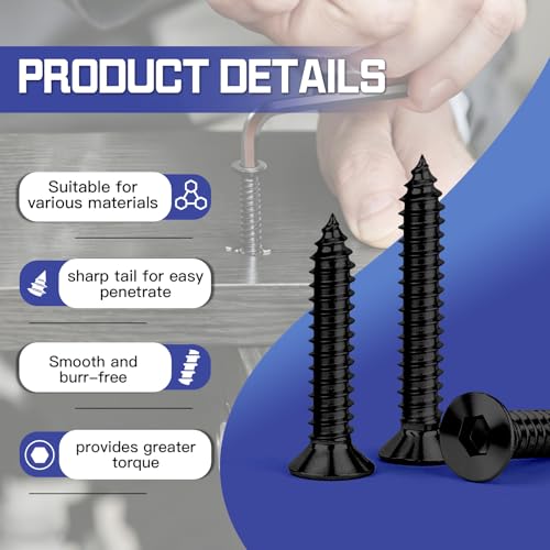 #4#8#10 Wood Screws Assortment Kit 175 Pcs, Flat Head Hex Socket Assorted Screws Set, High Strength Black Zinc Plated Steel, Countersunk Self Tapping Screws for Wood (1-1/2", 1", 3/4", 1/2") - size: #4 #8 #10 Kit (175pcs)
