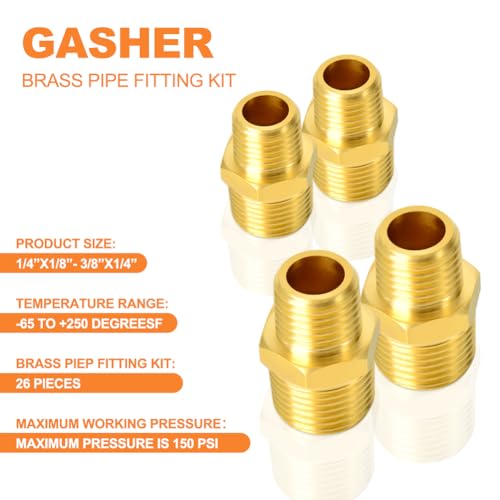 GASHER 26PCS Brass Pipe Fitting Kit, Hex Bushing, Reducer Adapter, Hex Nipple, 90 Degree Barstock Street Elbow - style: Brass Pipe Kit（26Pcs）