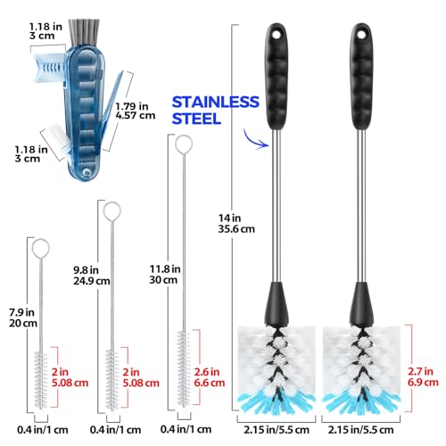Holikme 6 Pack Bottle Brush Set, 14" Long Handle Stainless Steel Bottle Cleaner Brush, 3 Straw Brushes, 4-in-1 Bottle Cleaning Brush for Water Bottle, Baby Bottle, Blue&White - color: Blue&white, size: 6Pack
