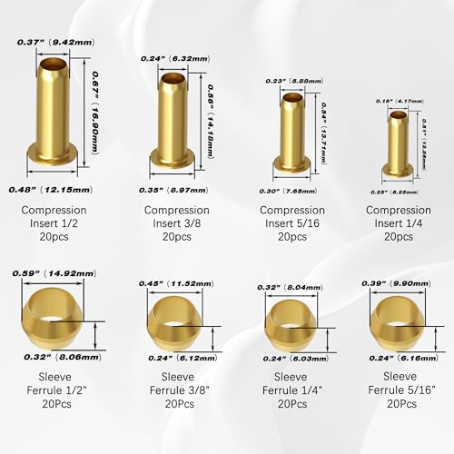 160PCS Brass Compression Sleeve Ferrule & Insert 1/4" 3/8" 5/16"1/2" kit - size: 160pcs Kit