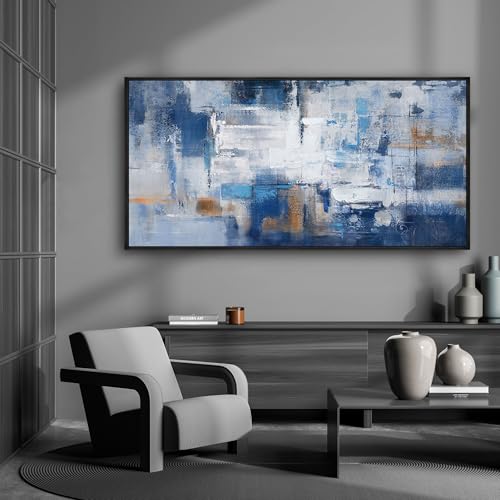 KLAKLA Living Room Wall Art - Navy Blue Abstract Large Paintings Artwork Picture Framed Canvas Bedroom Office Home Decoration Huge Art Work for Wall Decor - 58x29 Inches - color: Blue-White-Gray + Black frame, size: 58"L x 29"W