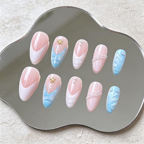 3D Blue Press on Nails Almond Medium French Tip Fake Nails - color: 3D Embossed design 12