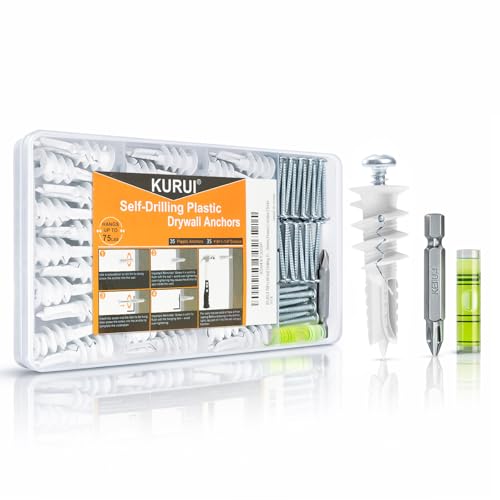 KURUI #8 Self Drilling Drywall Anchors and Screws, Heavy Duty Dry Wall Anchors Holds Upto 75LB, Picture Hanging Kit, No Pre-Drilling, for Mounting Shelves,Frames,Curtains,Clocks - 70Pcs
