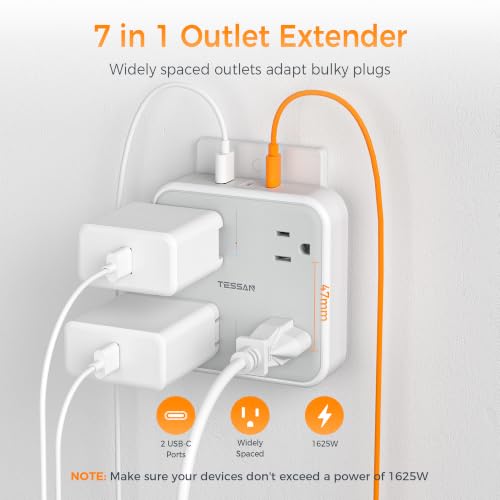 TESSAN Multi Plug Outlet Extender 4 Outlet Splitter | 3 USB Wall Charging Ports (2 USB C), Wide Spaced Multiple Expander Surge Protector for Office, Home, College Dorm Room, Gray - style: 2 USB C