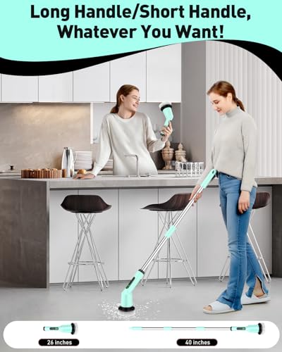 Electric Spin Scrubber for Bathroom, Shower Scrubber with Long Handle - color: Mint Green, size: 3 Brush Heads