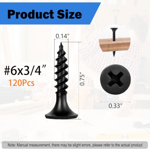 120Pcs Self-Tapping Black Wood Screws with Driver Bit, #6 x 3/4" - size: #6x3/4"