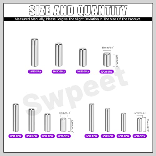 Swpeet 60Pcs M6 M8 M10 304 Stainless Steel Dowel Pin Assortment Kit, Cylindrical Shelf Support Peg Pin Rod Fasten Elements for Maintenance and Connection (with A Storage Box ) - size: M6