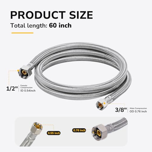 60" Faucet Supply Line, 3/8 inch Comp x 1/2 inch FIP Faucet Connector, Braided Stainless Steel Faucet Hose for Bathroom Sink and Kitchen, Leak-Resistant cUPC Certified Water Supply Line, 2 Pack - size: 60inch