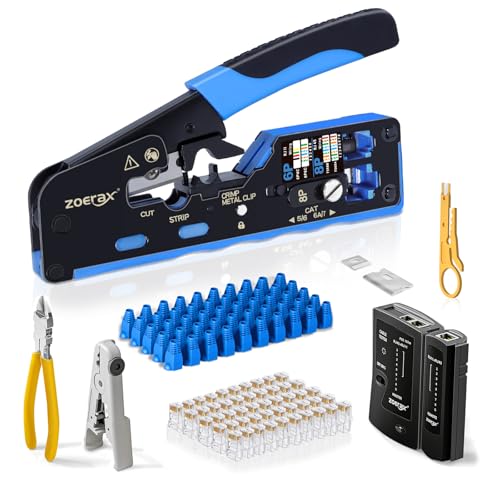 RJ45 Crimp Tool, Cat7 Cat6 Cat5 Crimping Tool Kit with Wire Cutter, Network Cable Tester, Mini Cable Stripper, 50xCat6 Connectors, 50xRJ45 Boots, Ethernet Crimper for Network Cable Installation