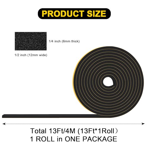 Weather Stripping, Strong Adhesive Foam Tape Insulation, 1/2x1/4in - color: Black, size: 1/2 In x 1/4 In x 13Ft