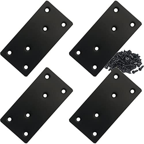 4 Pcs Black Flat Mending Plate Stainless Steel Flat Bracket 4 x 2 inch Metal Straight Brace Repair Joining Fixing Mending Bracket for Wood, with Screws