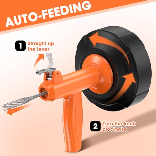 Drain Snake, Auto Feed Plumbing Snake with Drill Adaptor, 25 Feet Drain Auger Tool Set Included Drain Clog Remover, Hair Clog Remover ＆ Cleaning Brush for Kitchen, Bathroom and Shower Sink with Gloves