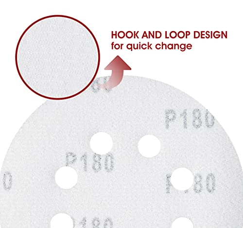 S SATC 150 PCS Hook and Loop Sandpaper 5 Inch Sanding Disc 8 Hole Sanding Discs 180 Grit Premium Aluminum Oxide for Random Orbital Sander - style: 150PCS 5 Inch 180 Grit
