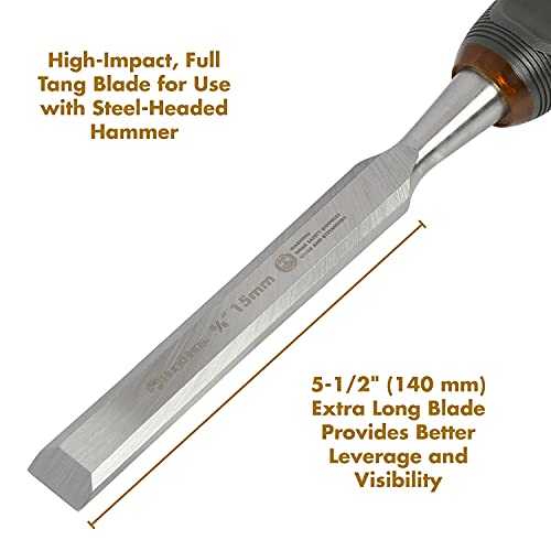 Buck Bros. 74814 5/8-Inch Wood Chisel, Full Tang Wood Carving Tools, Woodworking Tools for Carpentry, Trim Work, and DIY Projects, Hardened Steel Blade, Beveled Edge, Durable Non-Slip Handle - size: 5/8-Inch