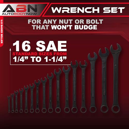 ABN Standard Wrenches Set - 16 Piece SAE Combination Wrench Set 1/4in to 1-1/4in SAE Wrench Set with Roll Up Pouch - size: SAE