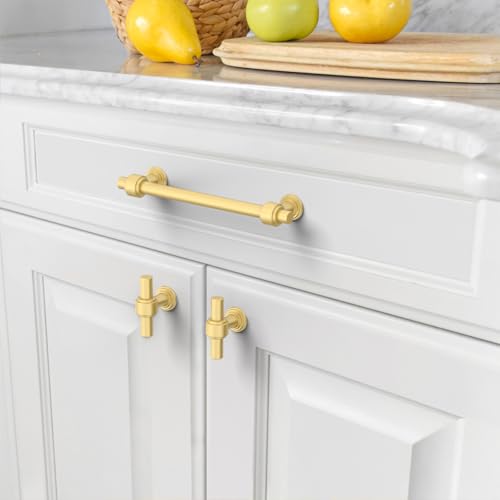 Amerdeco 10 Pack Brushed Gold Cabinet Pulls 5 Inch(128mm) Hole Center Drawer Pulls Cabinet Hardware Kitchen Cabinet Handles for Bathroom Dresser Pulls ZH0069 - color: Brushed Gold, size: 5" Hole Center