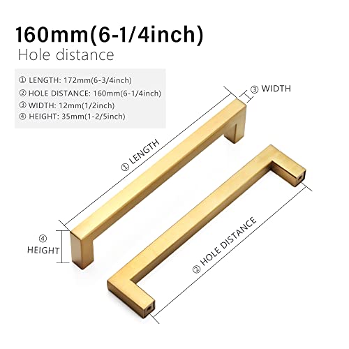 Cabinet Pulls Gold Cabinet Handles Square Drawer Pulls, 5 Pack 6-1/4 Inch Stainless Steel Kitchen Door Cupboard Cabinet Handles, Drawer Hardware Handles, 160mm Hole Centers - color: Gold, size: Two Hole - 6-1/4 inch Hole Centers(160mm)
