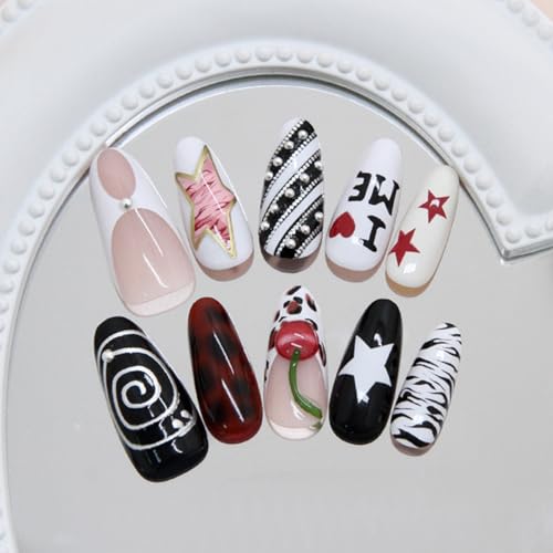 Short Almond Press On Nails Pink with Y2K Star 3D Star Black Swirl Cherry - color: Style2