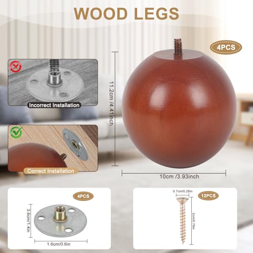 4 Inch Wooden Sofa Legs of 4 Wood Furniture Legs Couch Feet Wooden Round Sofa Furniture Replacement Sofa Legs Replacement for Sofa Couch Chair Cabinet Dresser Ottoman Bed Riser, 4 Pack - color: Brown