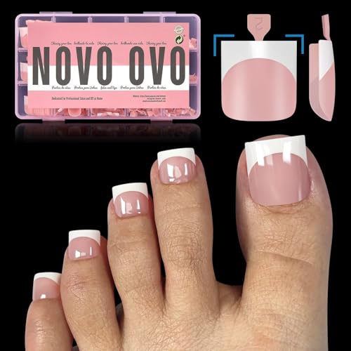 NOVO OVO French Tip Toe Nail Tips Press on, Sharp Square Pre-Designed Soft Gel False Toenail Extension, BABY PINK Pre-applied Tip Primer & Base Coat, Full Cover Acrylic for DIY x 15 Sizes 240 pcs - color: Sharp Square French Tip Baby Pink