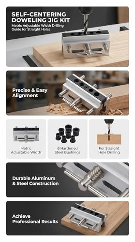 Self Centering Doweling Jig KitAdjustable Drill Guide for Woodworking, Biscuit Joiner Straight Hole Drilling with 6 Precision Bushings - size: Gold