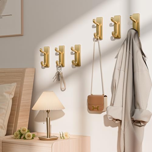 Gold Self Adhesive Wall Hooks for Coats - StainlessDouble Hook. - color: Gold, size: 6 Pack