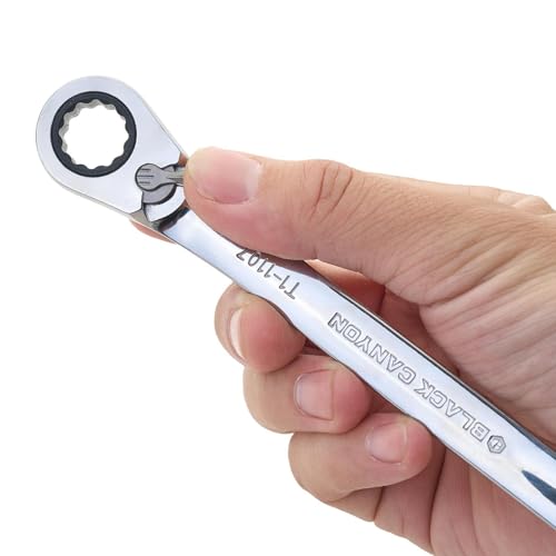 BLACK CANYON 1/2 Inch Ratchet Combination Wrench, 12-Point Box End & Hex Opening, Polished Steel Ratcheting Wrench with SAE & Metric Sizes - size: 1/2 Inch, style: Inch