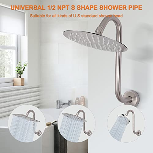 S Shaped Shower Arm, High Rise Shower Head Extension Pipe Standard 1/2" Connection with Flange, Awesome Shower Experience-Stainless Steel Bathroom Accessory(12 Inch S Shape, Brushed Nickel) - color: Brushed Nickel, style: 12" S Shape
