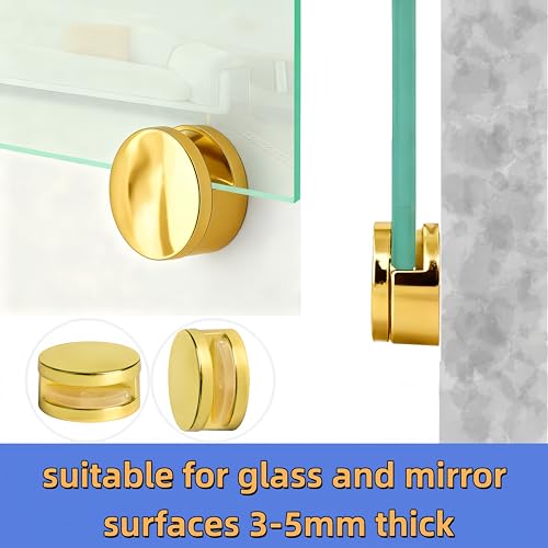 Gold Frameless Mirror Mounting Hardware Kit Round Shape Wall-Mounted Mirrors Bracket Glass Clips Bathroom Mirrors Supporting Shelf Clamps Fits for 3-5mm Thick Glass Gytovvvz(4 Pack