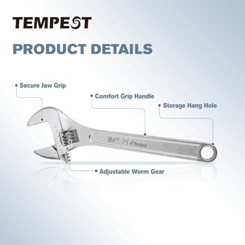 Tempest 10 Inch Adjustable Wrench, High-Torque Carbon Steel Wrench with Metric Scale,for Plumbing, Automotive Repair and Home DIY - size: 10 Inch