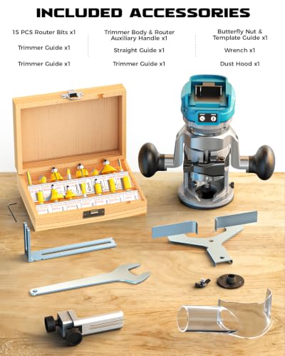 DIYTOOLIFZ Cordless Compact Router Compatible with Ma-kita Battery(Tool Only), with Double-Handle Router Fixed Base,800W 30000 RPM Brushless Wood Router, 15 Router Bits