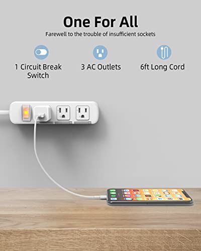 Power Strip Surge Protector Flat Plug, Extension Cord 6 Feet 3 Prong, 3 Outlets, 300J, 10A/1250W, Overload Protection Switch, Plug Strip for Home Office, Child Safety Slide Outlet Covers - style: 6ft/Ordinary Flat Plug