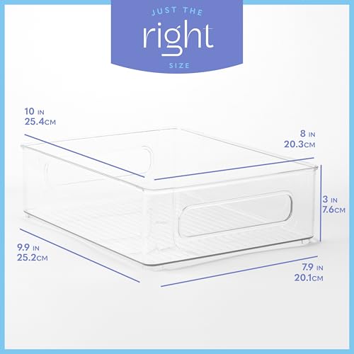 Plastic Food Storage 6 Pack Clear Container Bin with Handles for Organizing Kitchen, Pantry, Refrigerator, Freezer, Pantry, Cabinet, Closet, Bathroom. Stackable 10”x8”x3” - size: 10x8x3