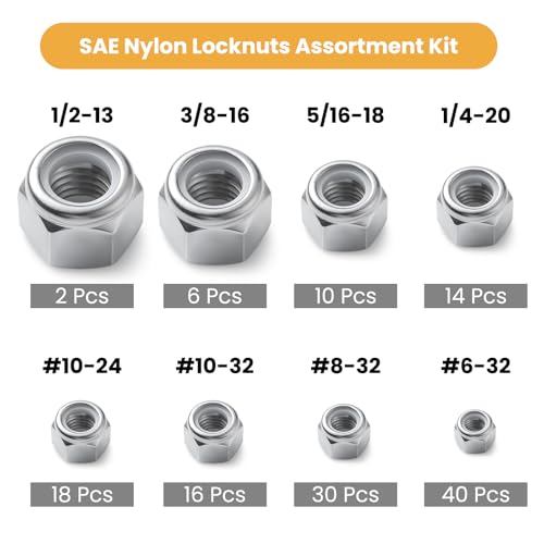 136PCS SAE Lock Nuts Assortment Kit 6-32 8-32 10-32 10-24 1/4-20 5/16-18 3/8-16 1/2-13, 304 Stainless Steel Nylon Insert Locknuts Set - size: #6#8#10 1/4 5/16 3/8 1/2