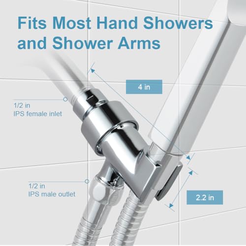 OFFO Shower Head Holder All Metal for Handheld Shower Head, Adjustable Shower Arm Mount with Solid Brass Pivot Ball, 1/2 in IPS Female Inlet and Male Outlet, Chrome - color: Chrome