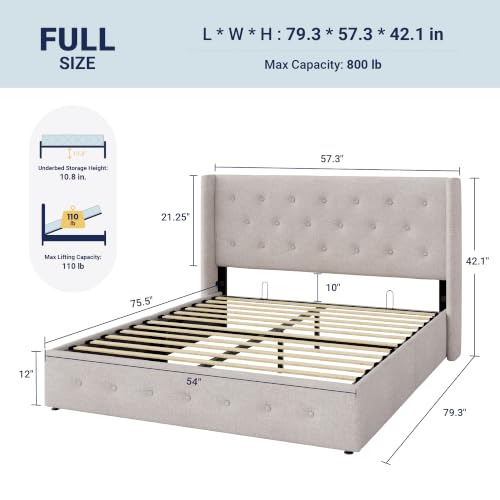 Allewie Full Size Lift Up Storage Button-Tufted Bed Frame Light Beige - color: Beige, size: Full, style: Traditional