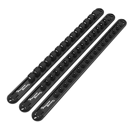 Precision Defined Aluminum Tool Socket Holder 3-Piece Set | Black, 1/4-Inch x 16, 3/8-Inch x 16, 1/2-Inch x 14 Clips | 360 Rotation - Heavy Duty Socket Rails Organizer - color: Black