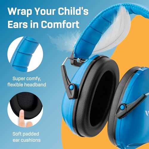 Kids Noise Canceling Headphones - 33 dB (2K Hz) - Ear Protection Earmuffs | Vanderfields' earmuffs protect child's hearing with certified noise-cancellation, soft ear cushions, and adjustable headband - color: Blue