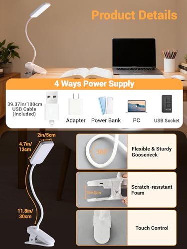 Clip on Lamp, 9 Brightness+5 Colors Reading Lights for Books in Bed Lamp - color: White