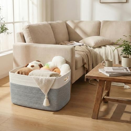 JMvicyroam 96L Large Woven Cotton Rope Blanket Basket, White&Grey - color: White&Grey, size: 96L