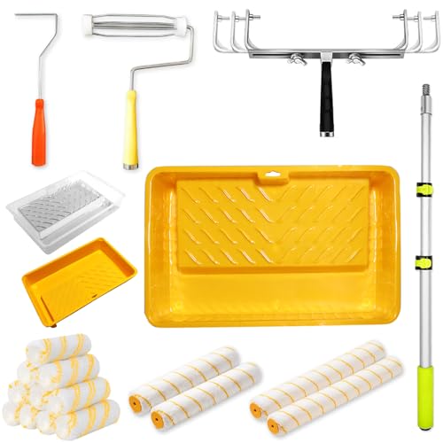18 inch Paint Roller Kit, 22 PCS Large Paint Roller Tray with Liner, 18 inch Rollers for Painting, Rollers and Frame, 4 FT Extension Pole, Suitable for DIY Interior Walls, Rooms
