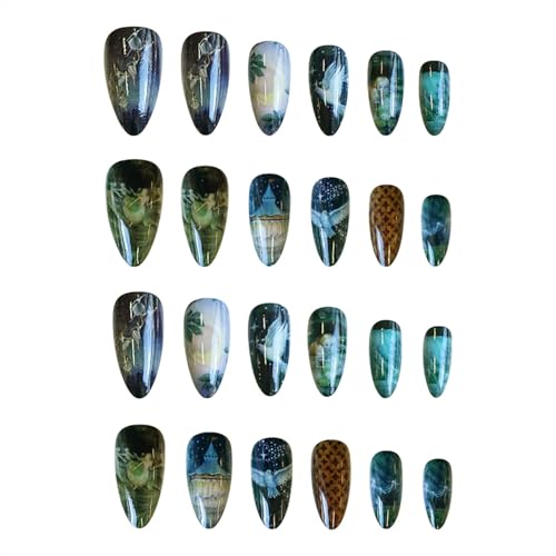 SINHOT Almond Press on Nails - Medium Fake Nails, Glossy Finish, Cute Pattern & White Dove, DIY Artificial False Nail Art - 24 Pcs Nail Kit with Glue