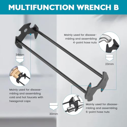 2Pcs Multifunctional Basin Wrench Set,7Sizes Faucet Wrench with Gloves,Universal Under Sink Plumbers Tool,Two-Shaft Design Four-Jaw Hex Faucet tool for Kitchen & Bathroom(Black)