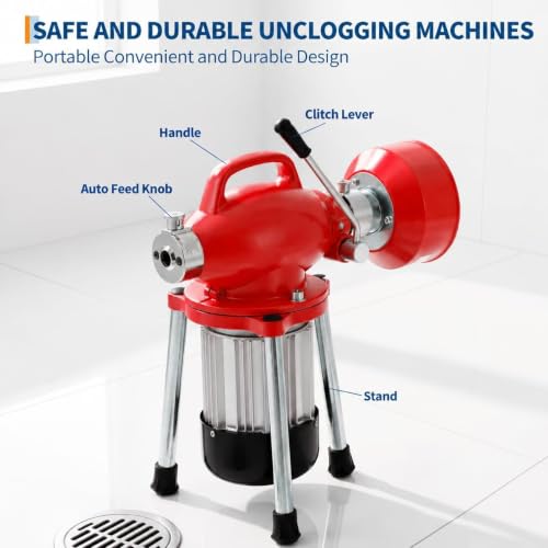 500W 400 RPM Auto Feed Electric Drain Cleaner Machine (66FT x 5/8" + 16FT x 3/8", Red) - color: Red
