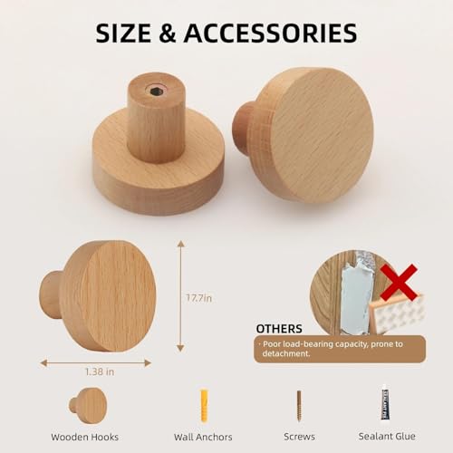 4 Pack Wood Wall Hooks Round Wooden Coat Hooks Adhesive Hooks Heavy Duty