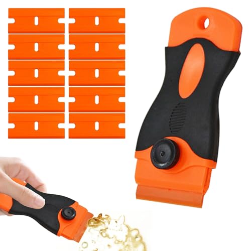Plastic Scraper Tool with 10 Razor Blades, Orange and Black, Anti-Slip Grip Handle, Paint and Adhesive Remover for Glass Window Car Surface, 4.3 Inch Length