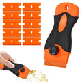 Plastic Scraper Tool with 10 Razor Blades, Orange and Black, Anti-Slip Grip Handle, Paint and Adhesive Remover for Glass Window Car Surface, 4.3 Inch Length