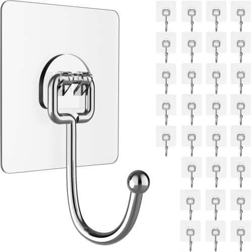 Large Adhesive Hooks for Hanging Heavy-Duty 44Ib(Max) 30 Packs, Wall Hangers without Nails Self-Adhesive Traceless Clear and Removable, Waterproof and Rustproof Multiple Uses for Bathroom Kitchen Home - size: 30 Large Hooks