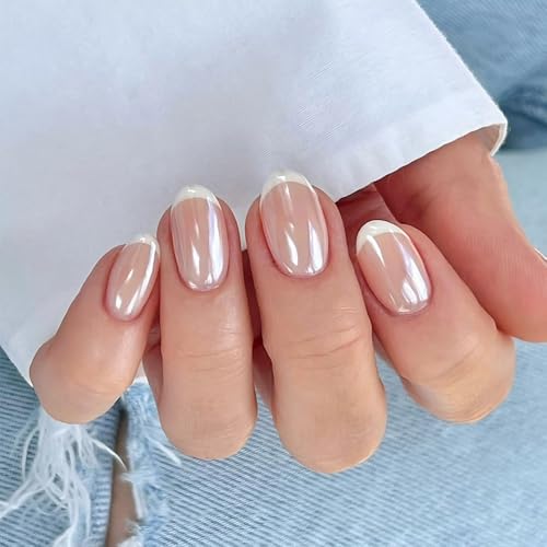 Press On Nail, French Tip Chrome Acrylic Press On Nails Short Round, Designer Reusable Glazed Fake Nails, Glossy Soft Gel Nails Wedding and Party, Stick On Glue On Nails Press Ons for Women - color: Chrome French Short Round-3496, size: 24 Pieces (Pack of